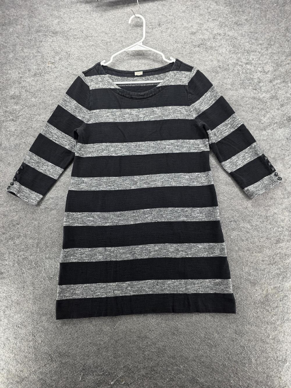 J Crew Dress Womens Medium Black Gray Striped 3/4 Sleeve Cotton Style 02665